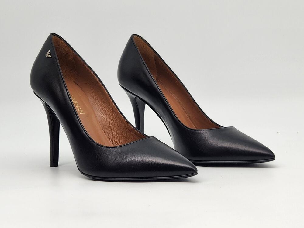 Emporio Armani Black Leather Stiletto Pumps Pointed Toe Slip On Solid Women 36